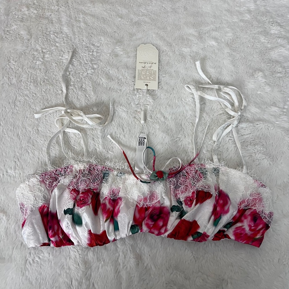 For Love & Lemons Floral Lace Trim Bralette Top White Red Pink Size M/B80 NEW